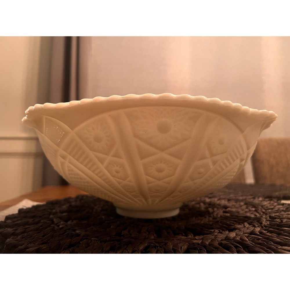 McKee Concord Punch Bowl White Milk Glass Starburst Lattice Rosette Motifs  13"